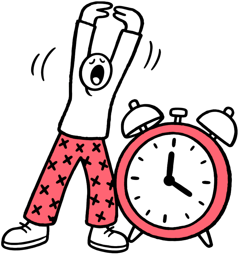 Person stretching beside an oversized alarm clock