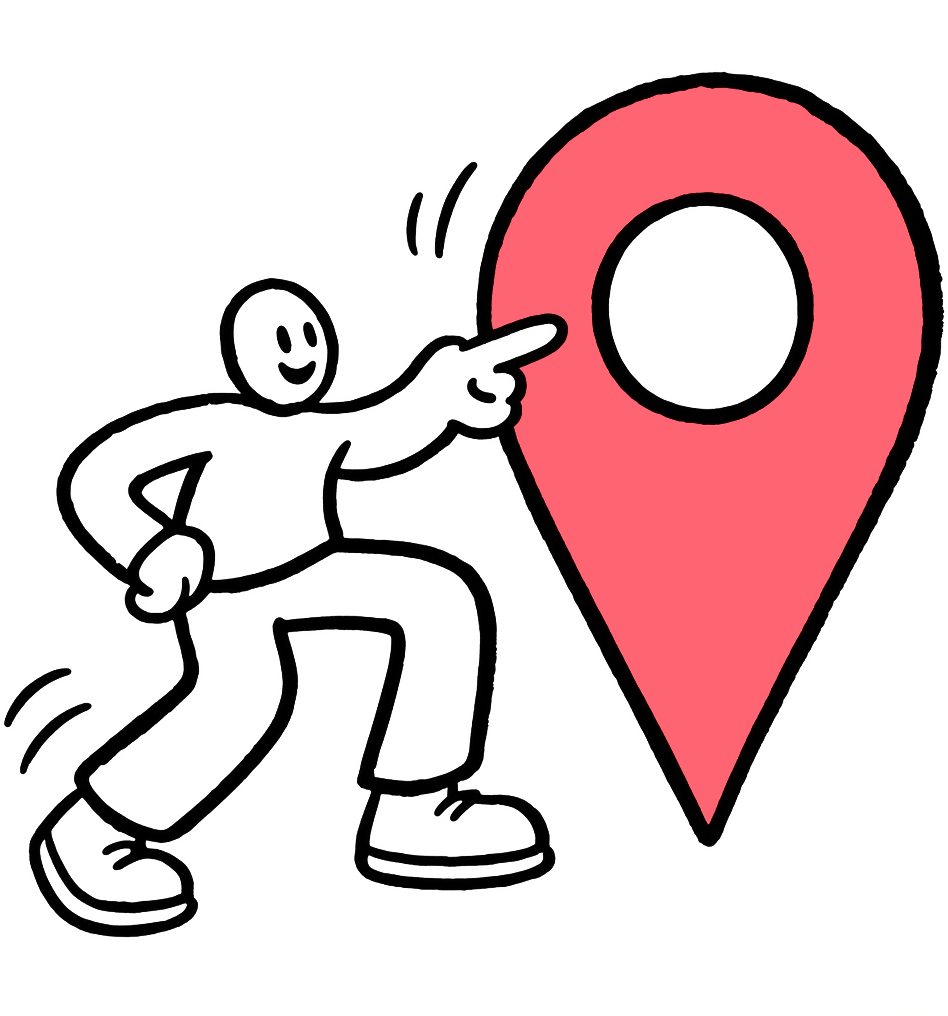 Person pointing at a single oversized map pin